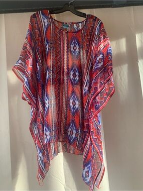California Woman Red Multi Color Aztec Sheer Kafton Chiffon Coverup - Free Size